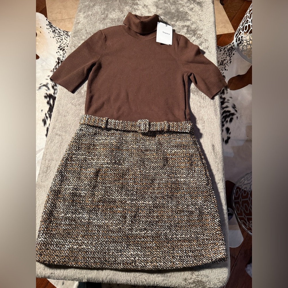 Theory Brown Tweed Belted Pencil Skirt